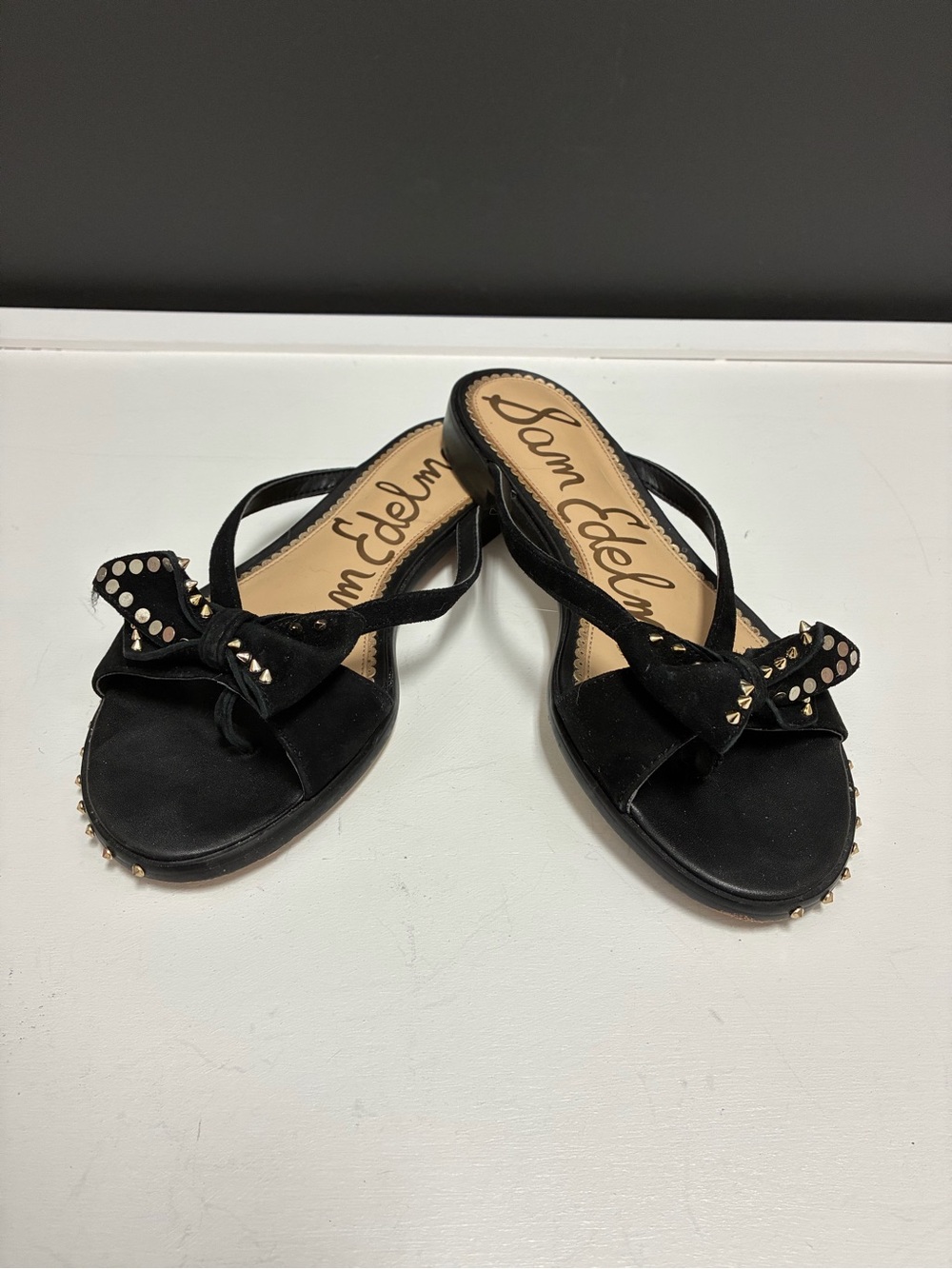 Sam Edelman Dariel Black Suede Bow Slide Sandals with Gold Studs